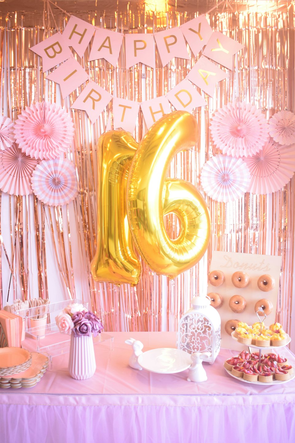 Decorated party table with pink and rose gold birthday decorations.